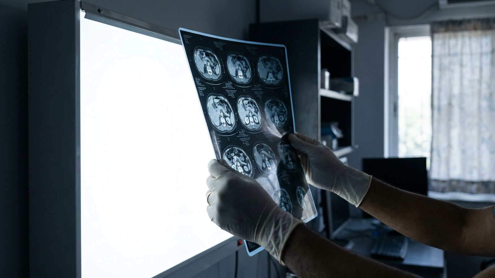 A surgeon reviewing a CT scan on a lightbox, illustrating a liver pancreas biliary tract specialist at work in Dhaka.