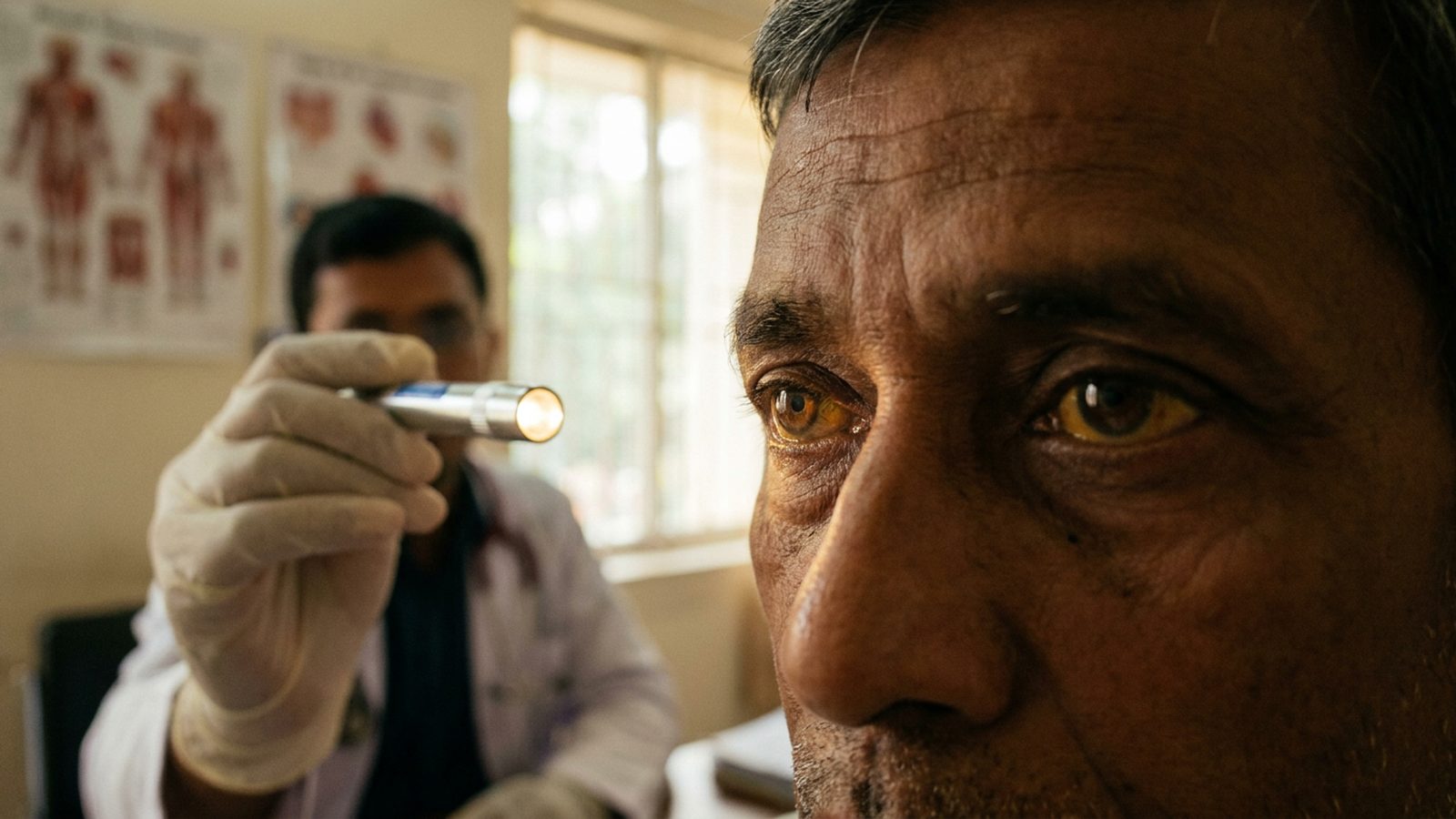 A patient in a Dhaka clinic showing yellowing of the eyes indicative of obstructive jaundice.