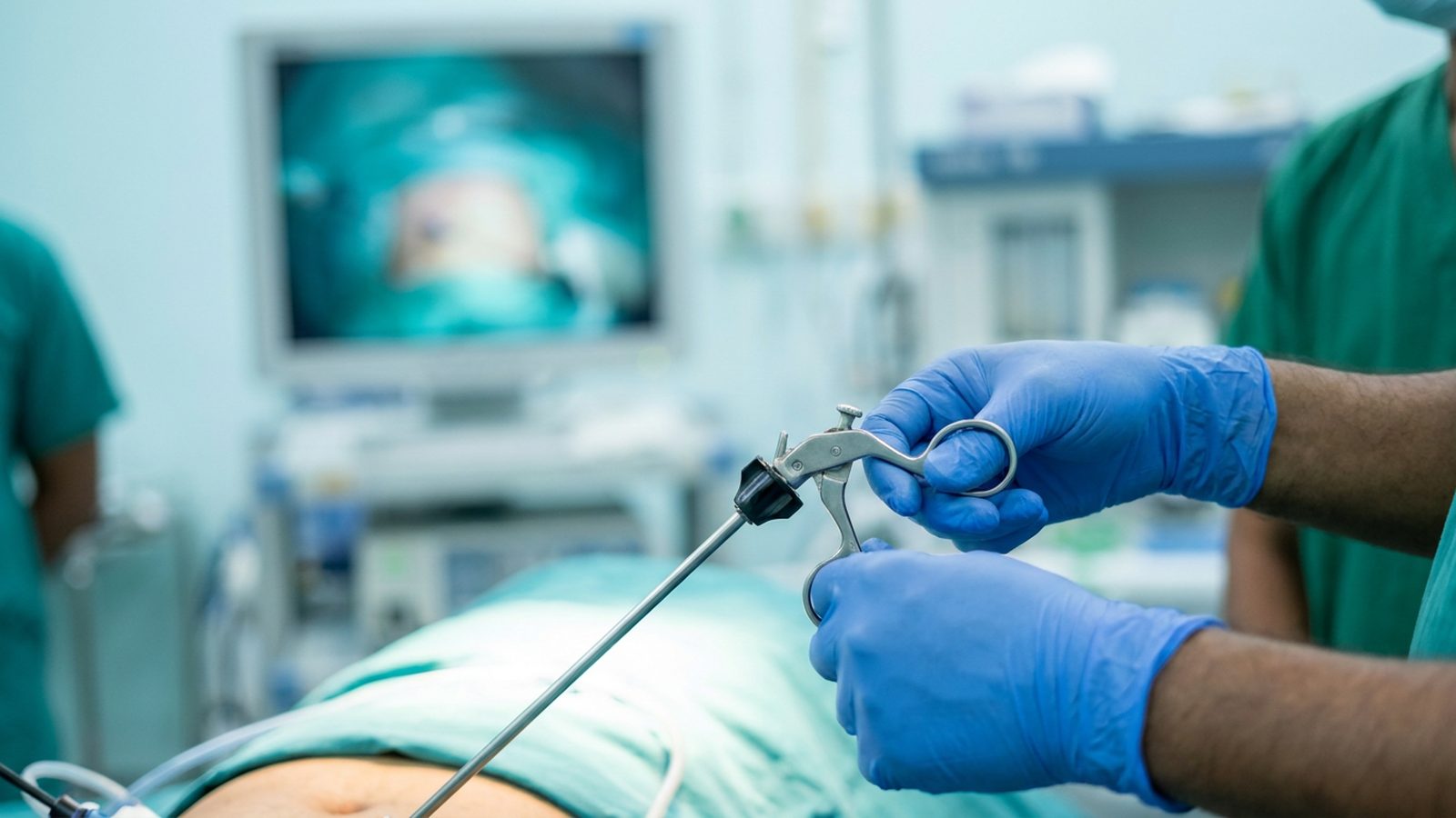 Close-up of a surgeon's gloved hands holding a laparoscopic instrument inside a dimly lit operating theatre in Bangladesh.