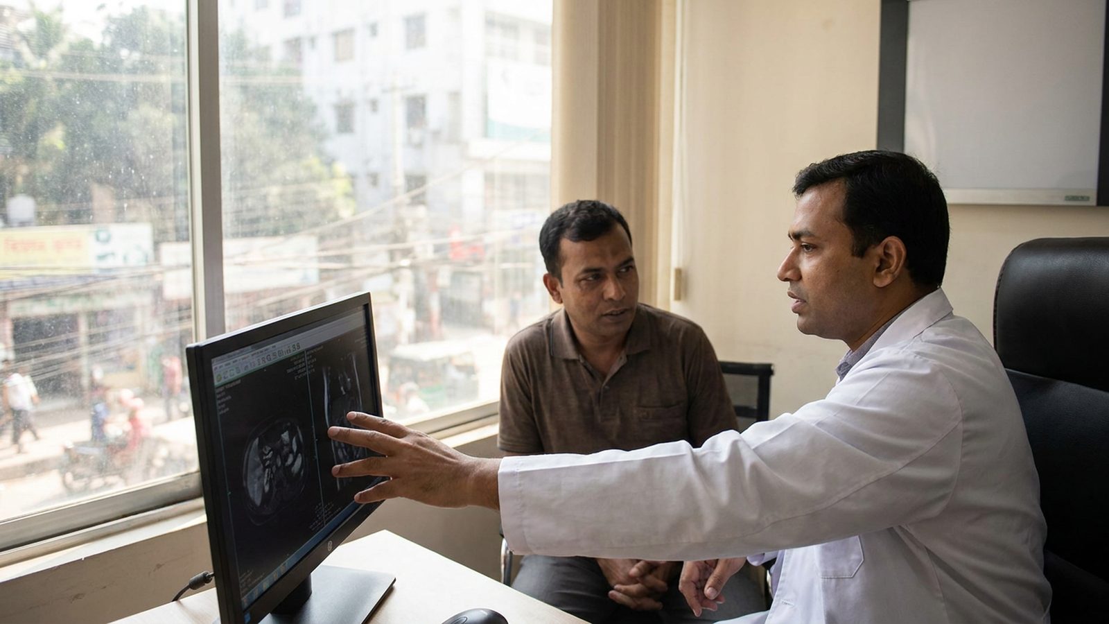A patient and surgeon in a Dhanmondi clinic discuss bile duct surgery Dhaka options using a laptop screen to view scans.