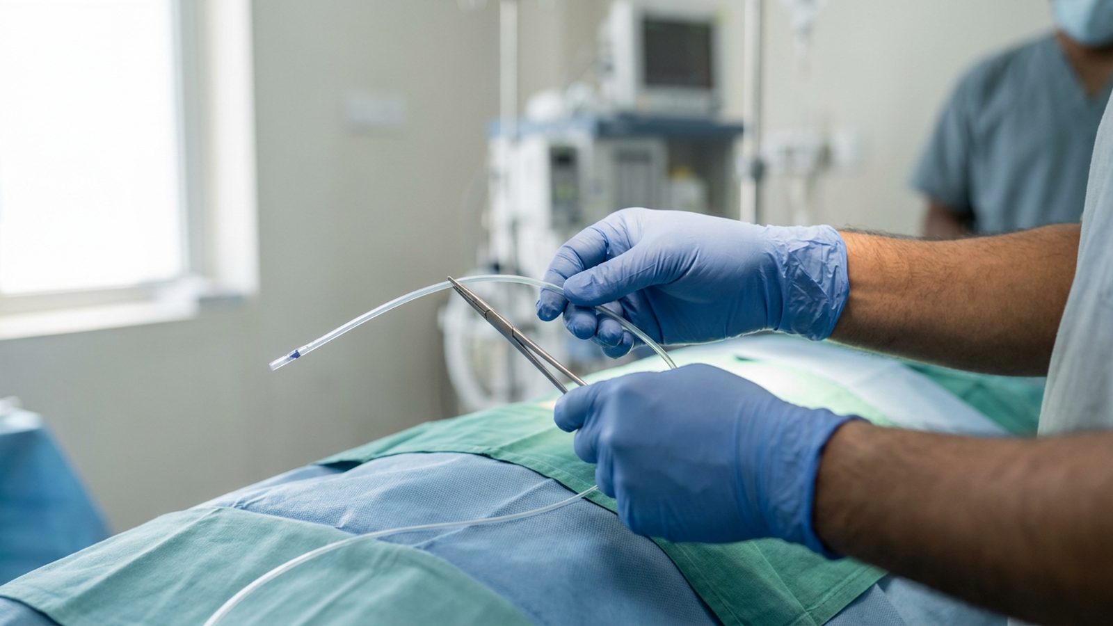 Close-up of a surgeon’s gloved hands holding a biliary stent during a cholangiocarcinoma surgery Dhaka procedure.