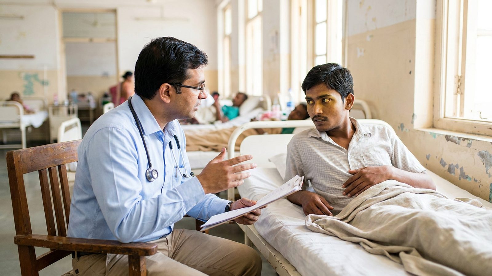A South Asian patient discusses abdominal symptoms related to choledochal cyst surgery Dhaka with a specialist in a ward.