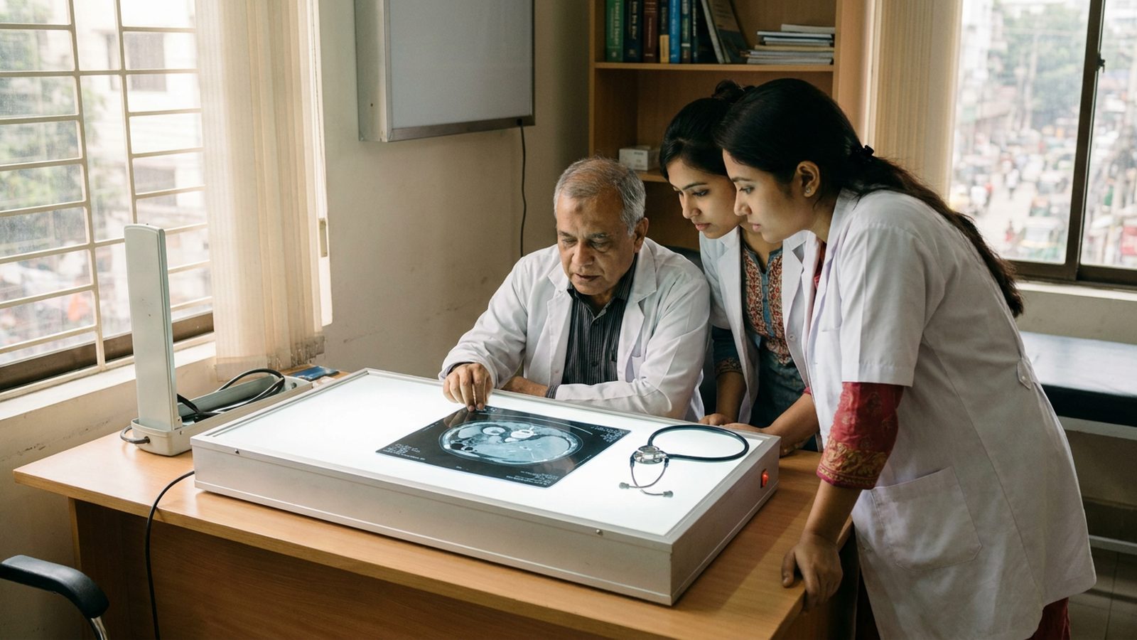 A Bangladeshi medical team reviewing contrast CT scans of a liver to assess a complex hepatic resection case.