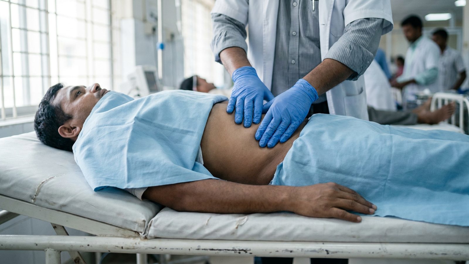 Medical staff reviewing a patient's abdomen during an assessment for end stage liver disease treatment.