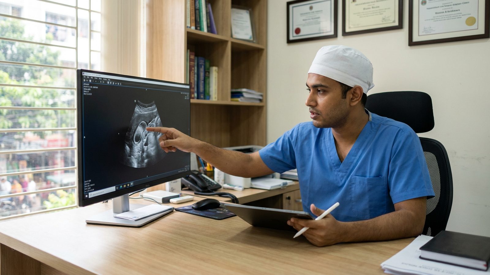 A young surgeon in a Dhaka clinic examining medical imaging on a monitor while discussing preoperative planning.