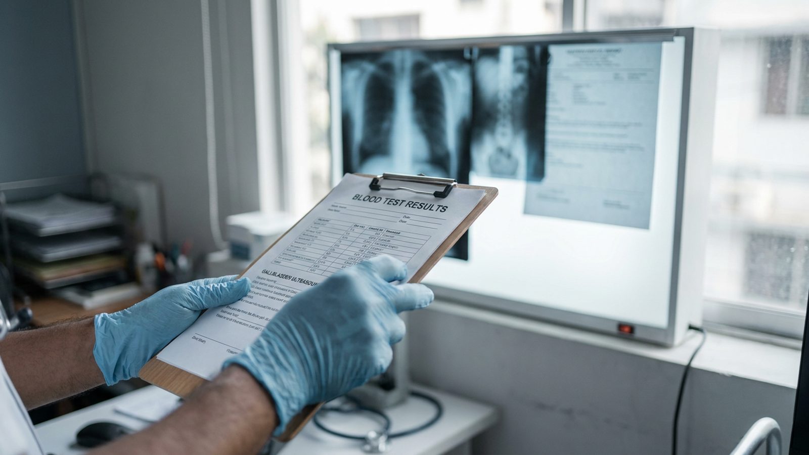 A medical professional reviews blood test results and an ultrasound report for gallbladder surgery in a Dhaka hospital.