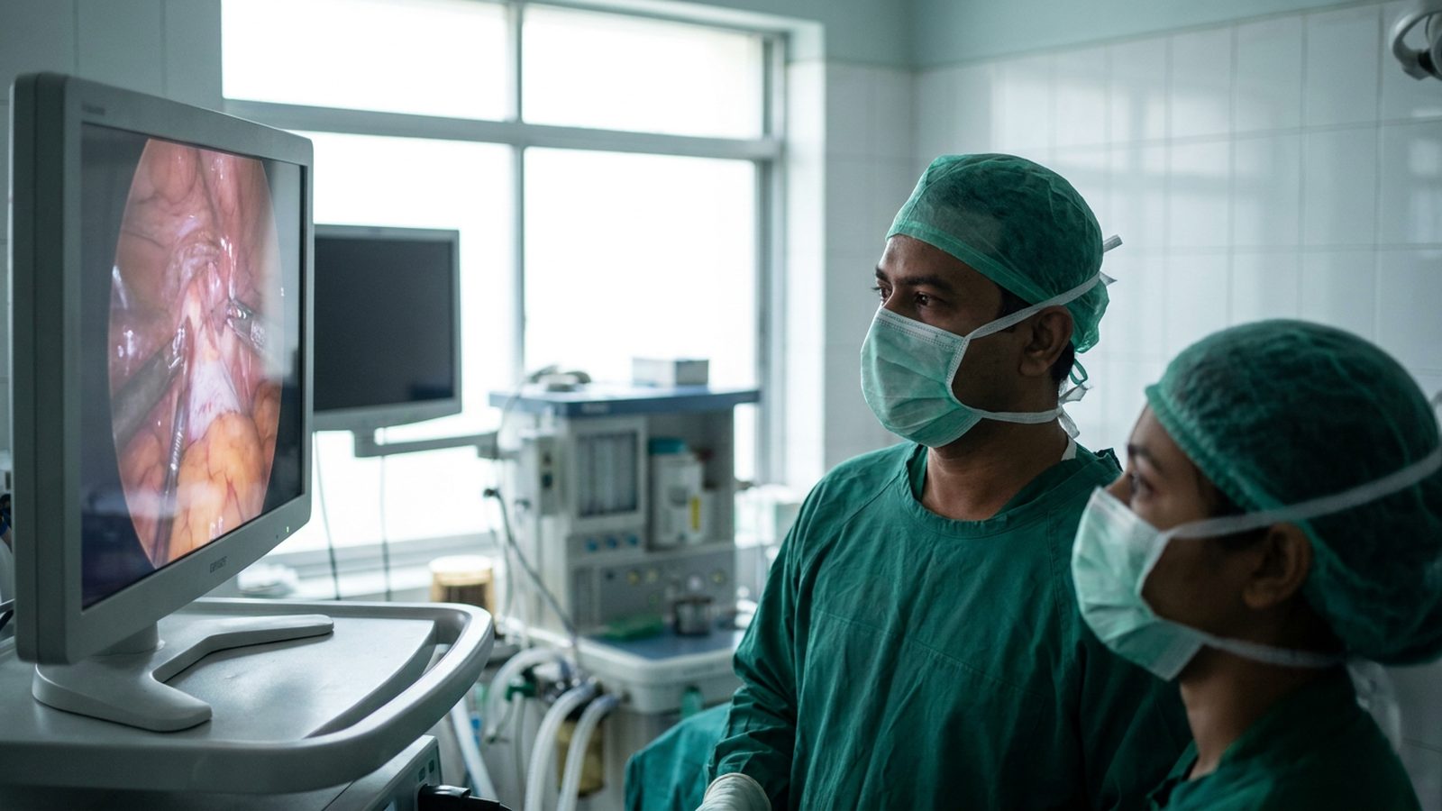 A surgeon and assistant in a Dhaka operating theatre focused on a laparoscopic monitor during hepatobiliary pancreatic surger