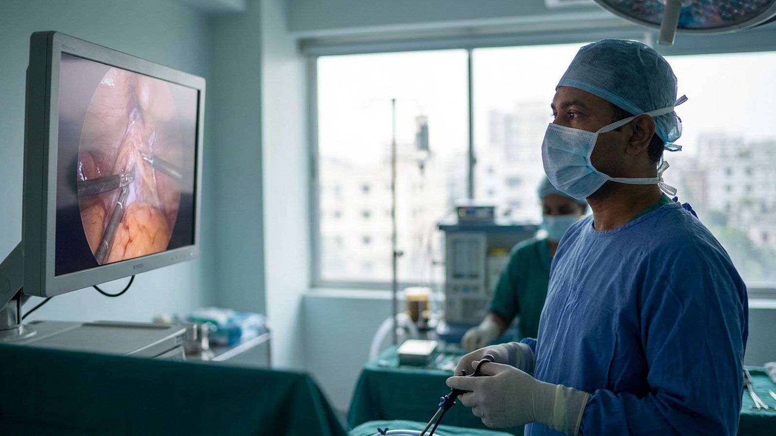 A South Asian surgeon in blue scrubs and a surgical mask looks at a laparoscopic monitor during a procedure in Dhaka.