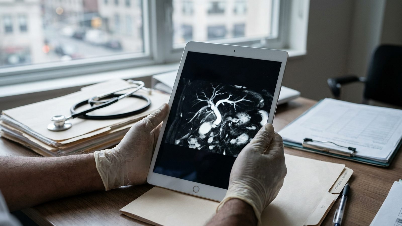 A digital tablet showing high-resolution MRCP imaging of a bile duct alongside a stethoscope on a wooden desk.