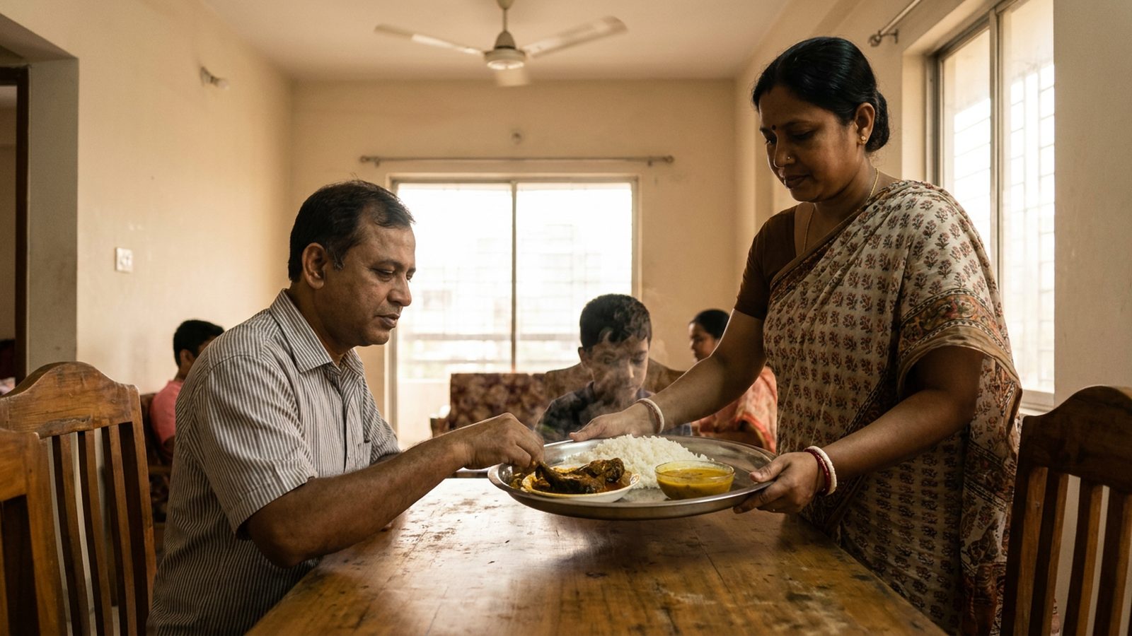 A Bangladeshi couple reviewing a balanced meal of rice, fish, and dal for diet after gallbladder surgery.