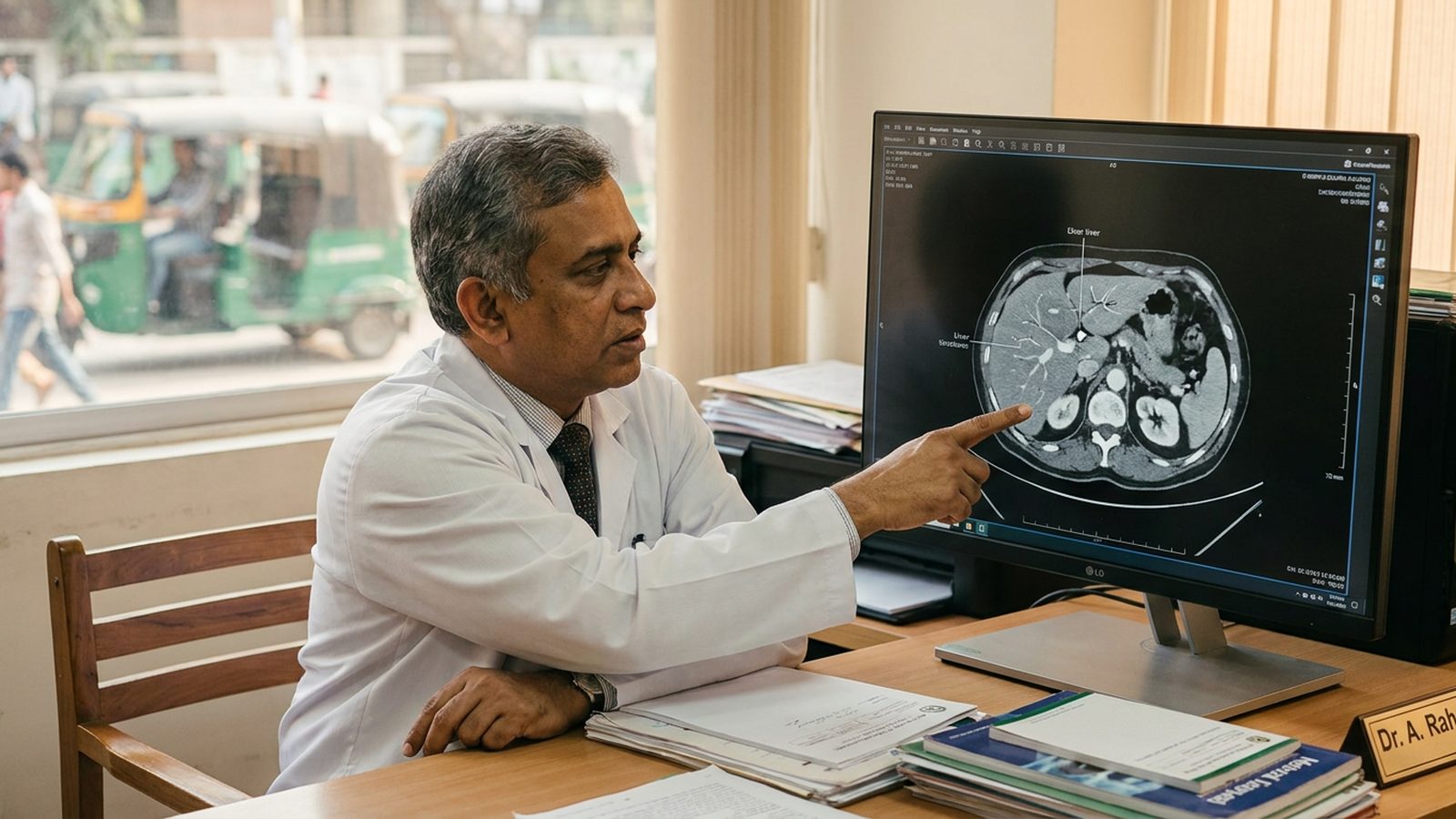 Planning Minimally Invasive Liver Surgery A South Asian surgeon in a consultation room in Dhanmondi reviewing a triple-phase CT scan for minimally invasive liver surge