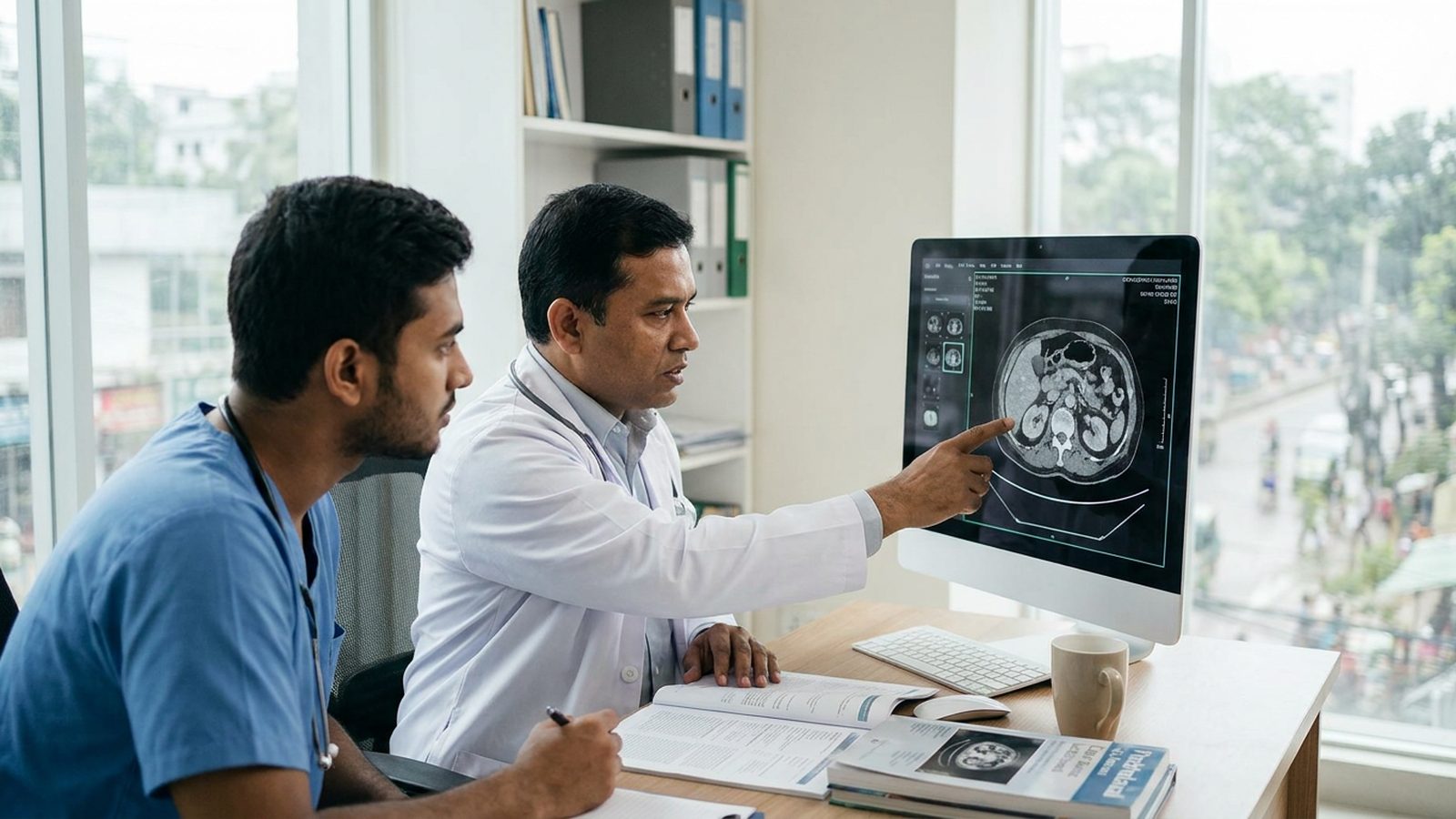 South Asian surgical trainee and consultant reviewing abdominal scans on a monitor before consultant supervised operating.