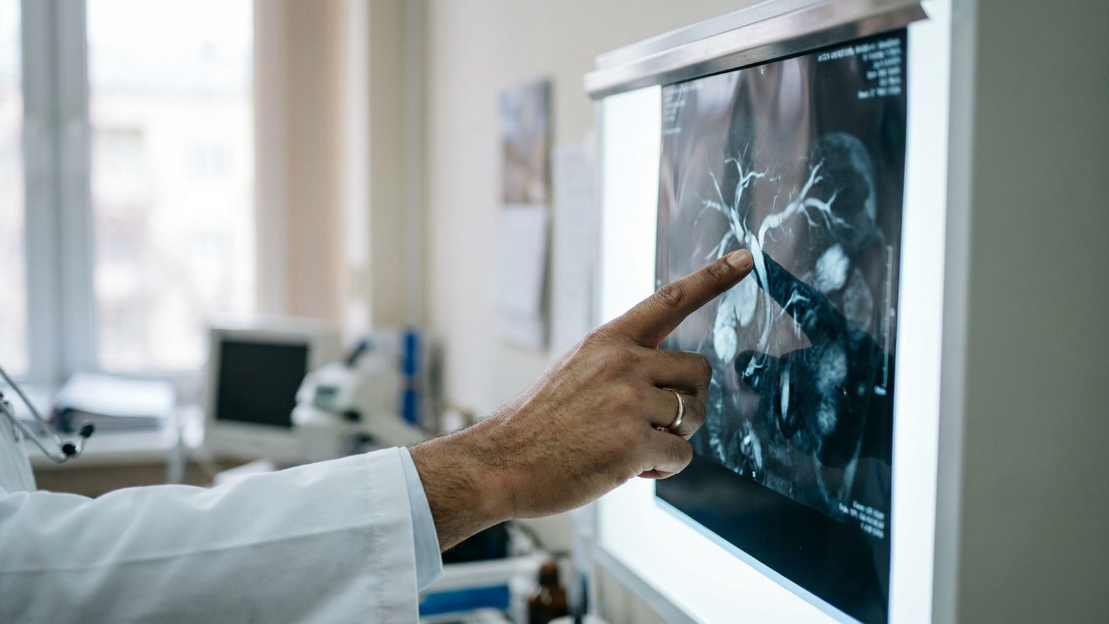 A Bangladeshi doctor pointing at a detailed MRCP scan on a vertical light box during a training entry assessment.