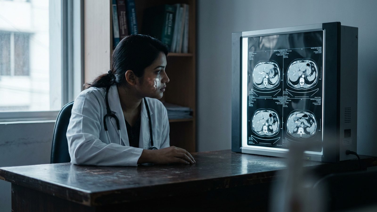 A surgical trainee in Dhaka examines high-resolution CT scans of a liver on a dual-monitor setup during a training drill.